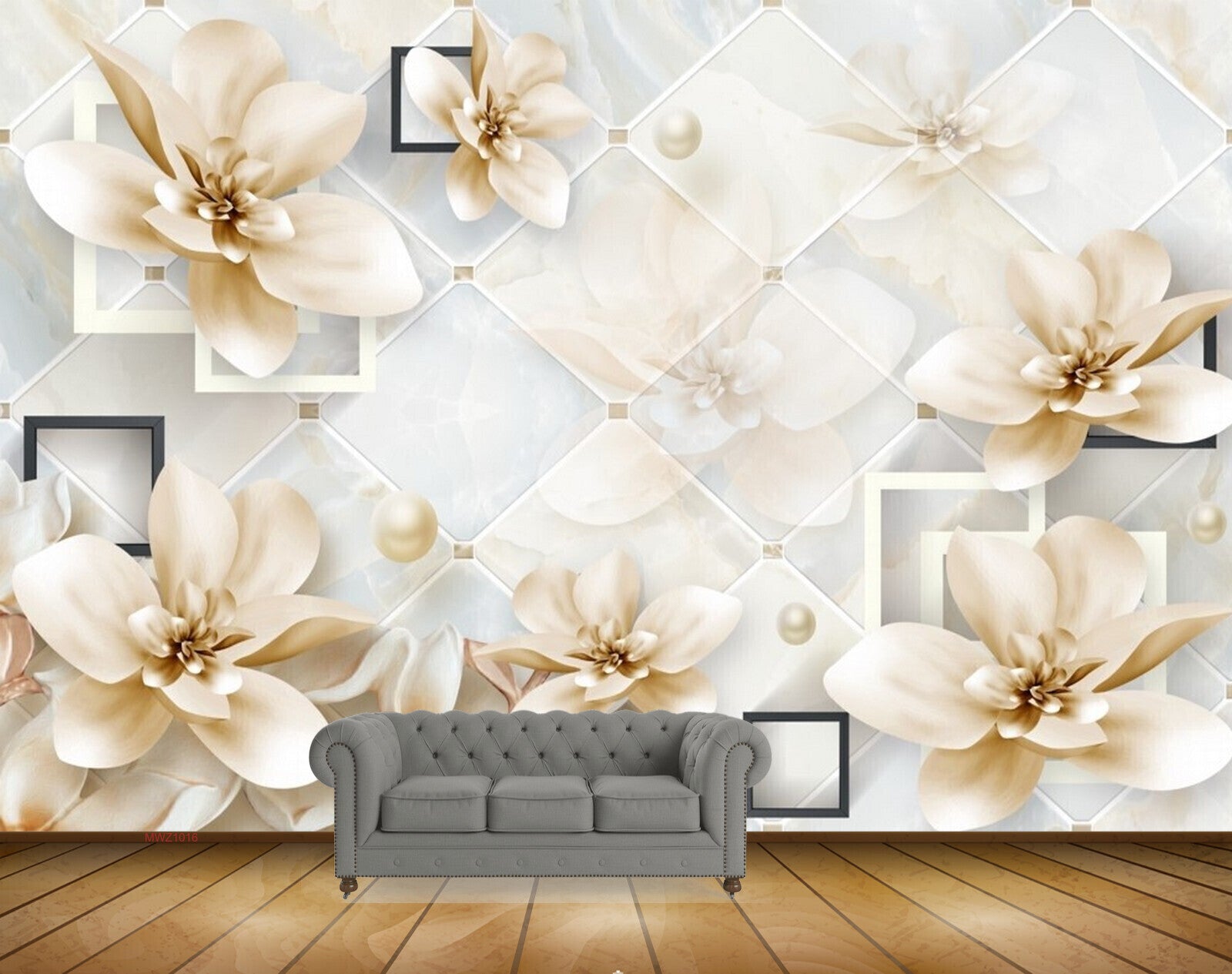 Avikalp MWZ1016 White Golden Flowers HD Wallpaper