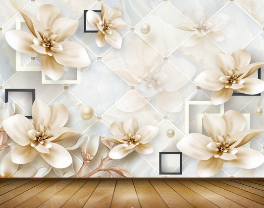Avikalp MWZ1016 White Golden Flowers 3D HD Wallpaper