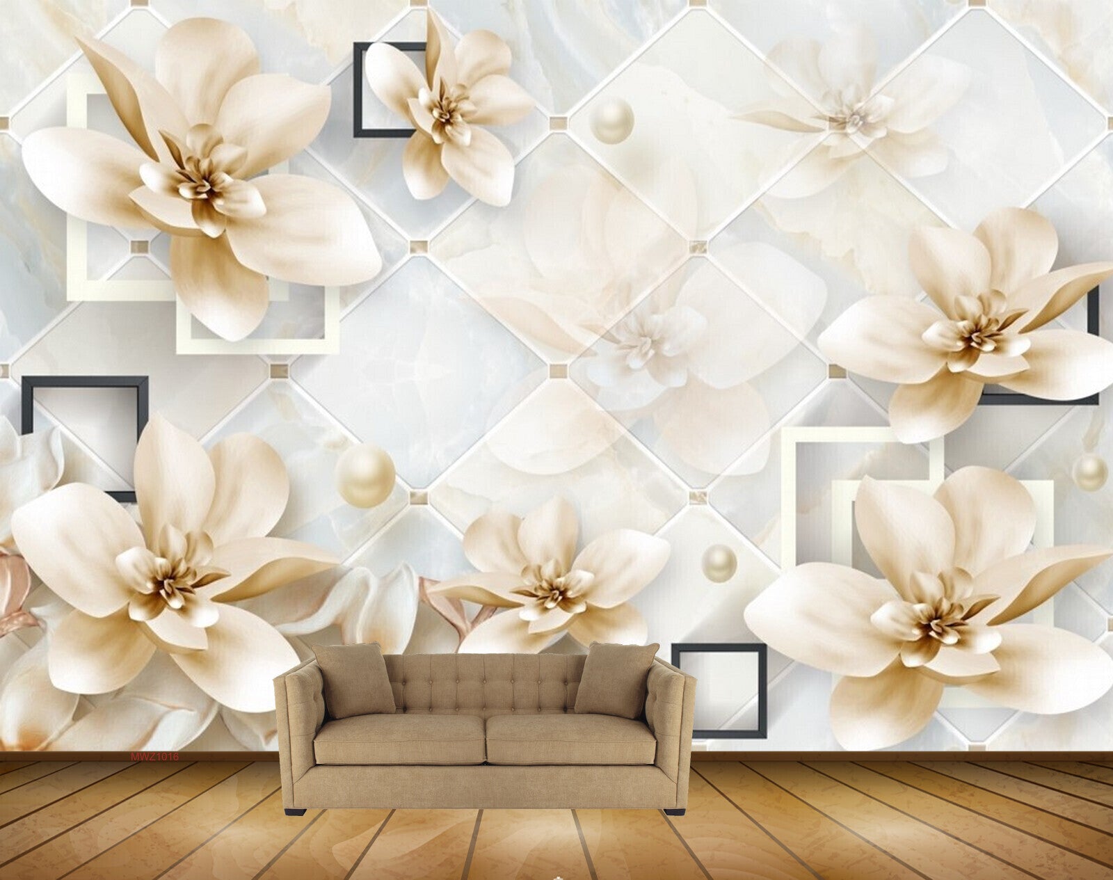 Avikalp MWZ1016 White Golden Flowers 3D HD Wallpaper