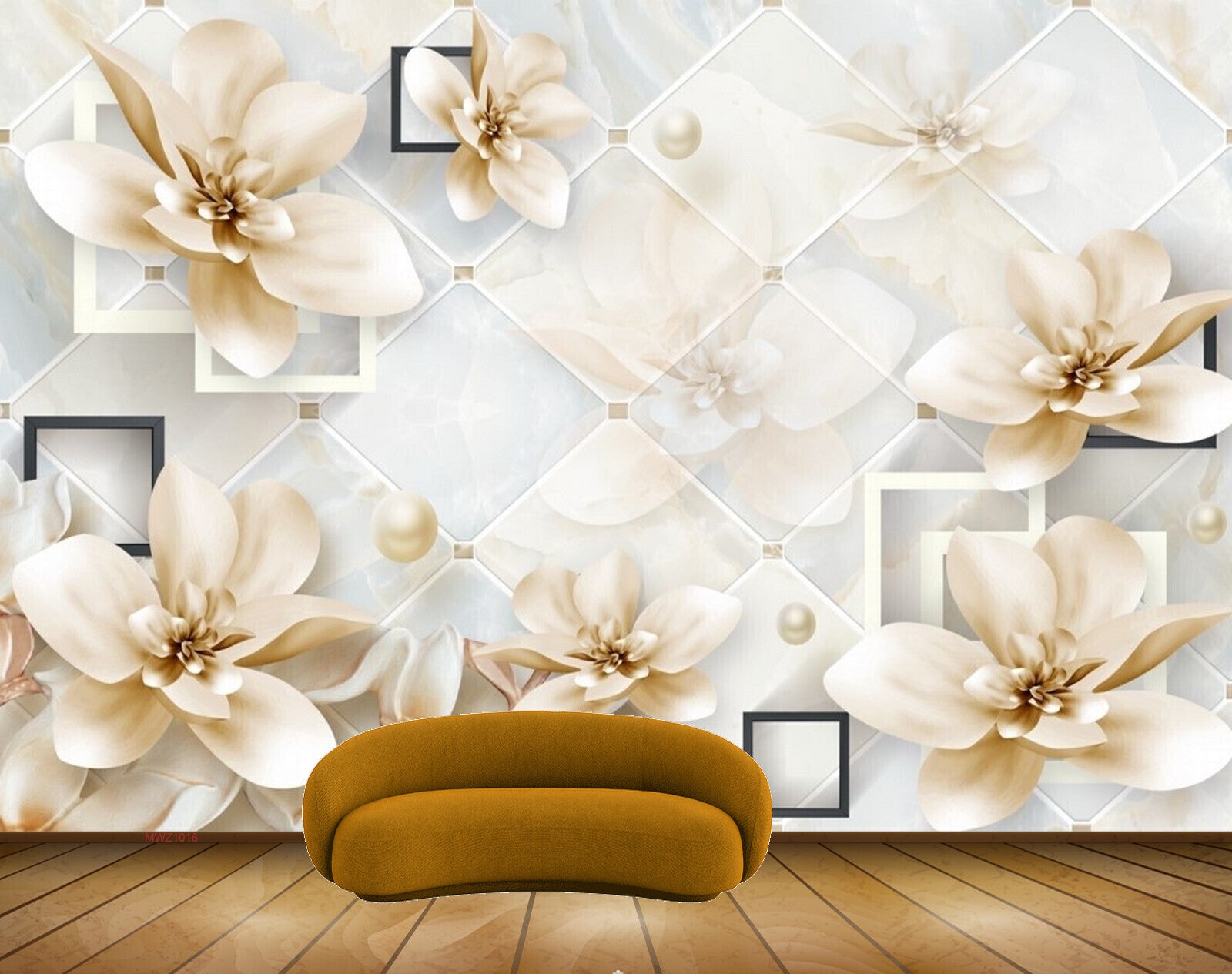 Avikalp MWZ1016 White Golden Flowers 3D HD Wallpaper