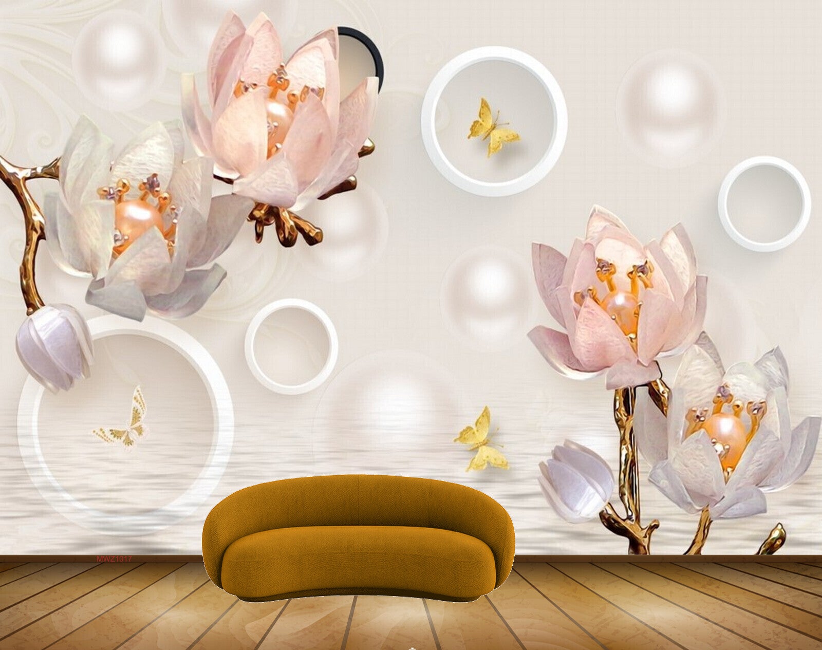 Avikalp MWZ1017 Peach White Flowers Butterflies HD Wallpaper