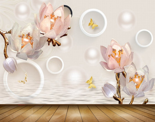 Avikalp MWZ1017 Peach White Flowers Butterflies 3D HD Wallpaper