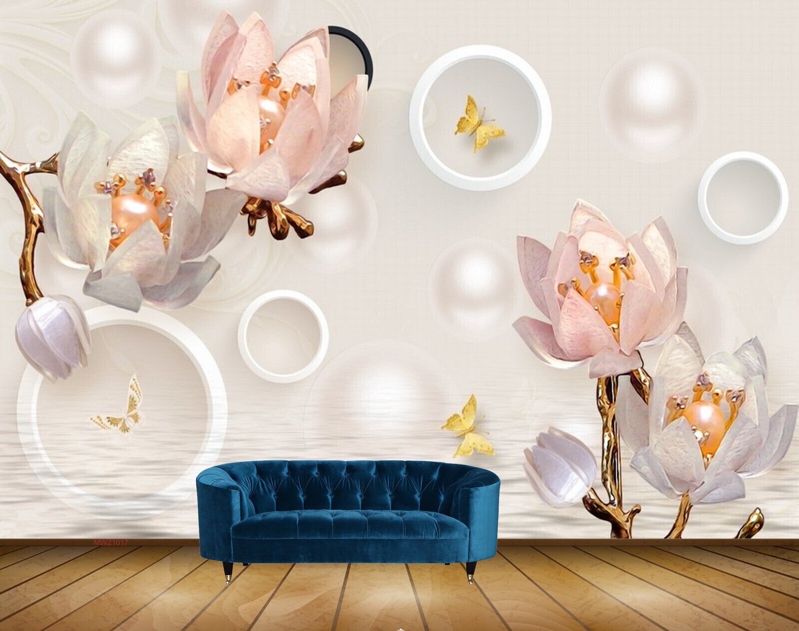 Avikalp MWZ1017 Peach White Flowers Butterflies 3D HD Wallpaper