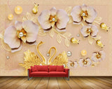 Avikalp MWZ1018 Peach Golden Flowers Cranes HD Wallpaper