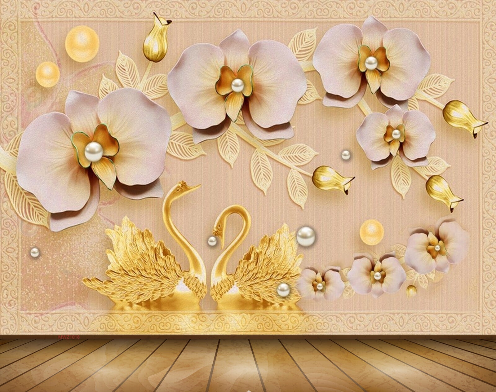 Avikalp MWZ1018 Peach Golden Flowers Cranes 3D HD Wallpaper
