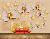 Avikalp MWZ1018 Peach Golden Flowers Cranes 3D HD Wallpaper