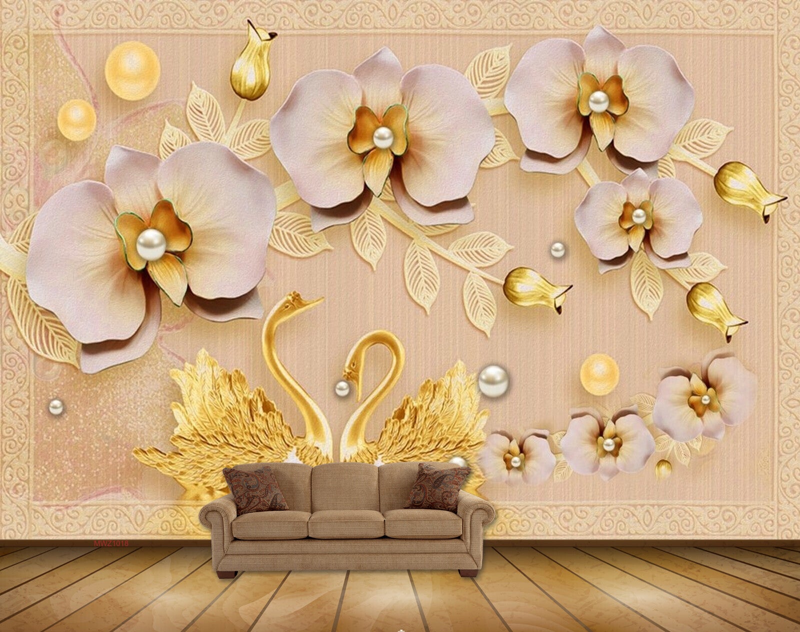 Avikalp MWZ1018 Peach Golden Flowers Cranes 3D HD Wallpaper