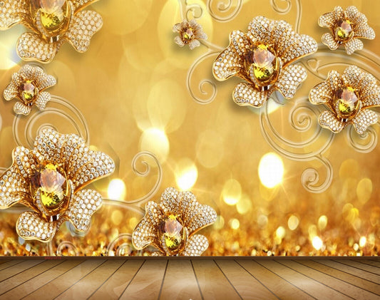Avikalp MWZ1019 Gold Flowers 3D HD Wallpaper
