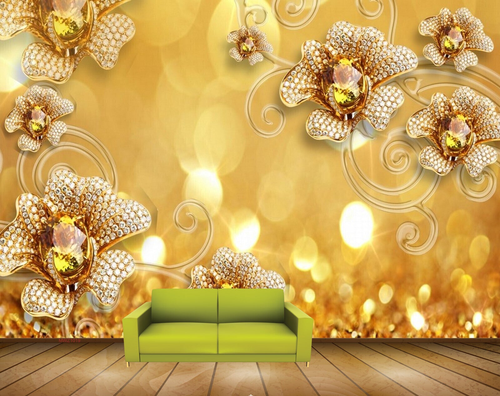 Avikalp MWZ1019 Gold Flowers 3D HD Wallpaper