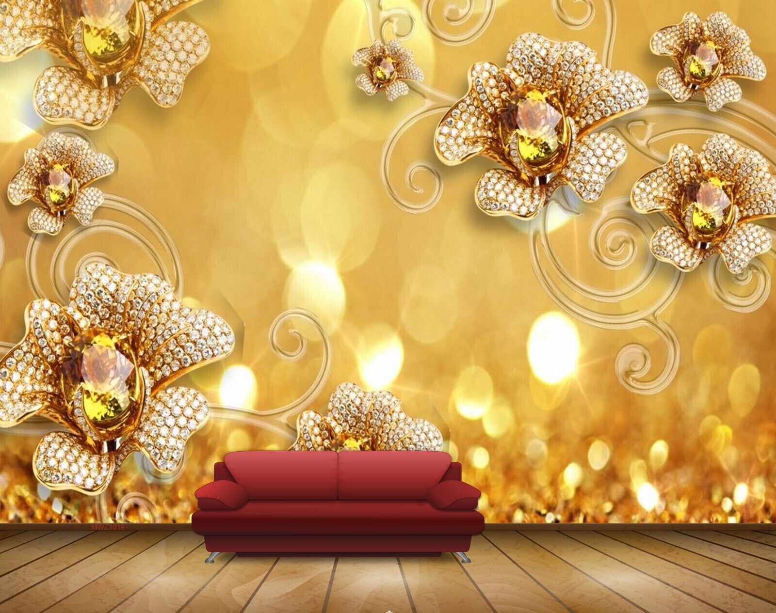 Avikalp MWZ1019 Gold Flowers 3D HD Wallpaper
