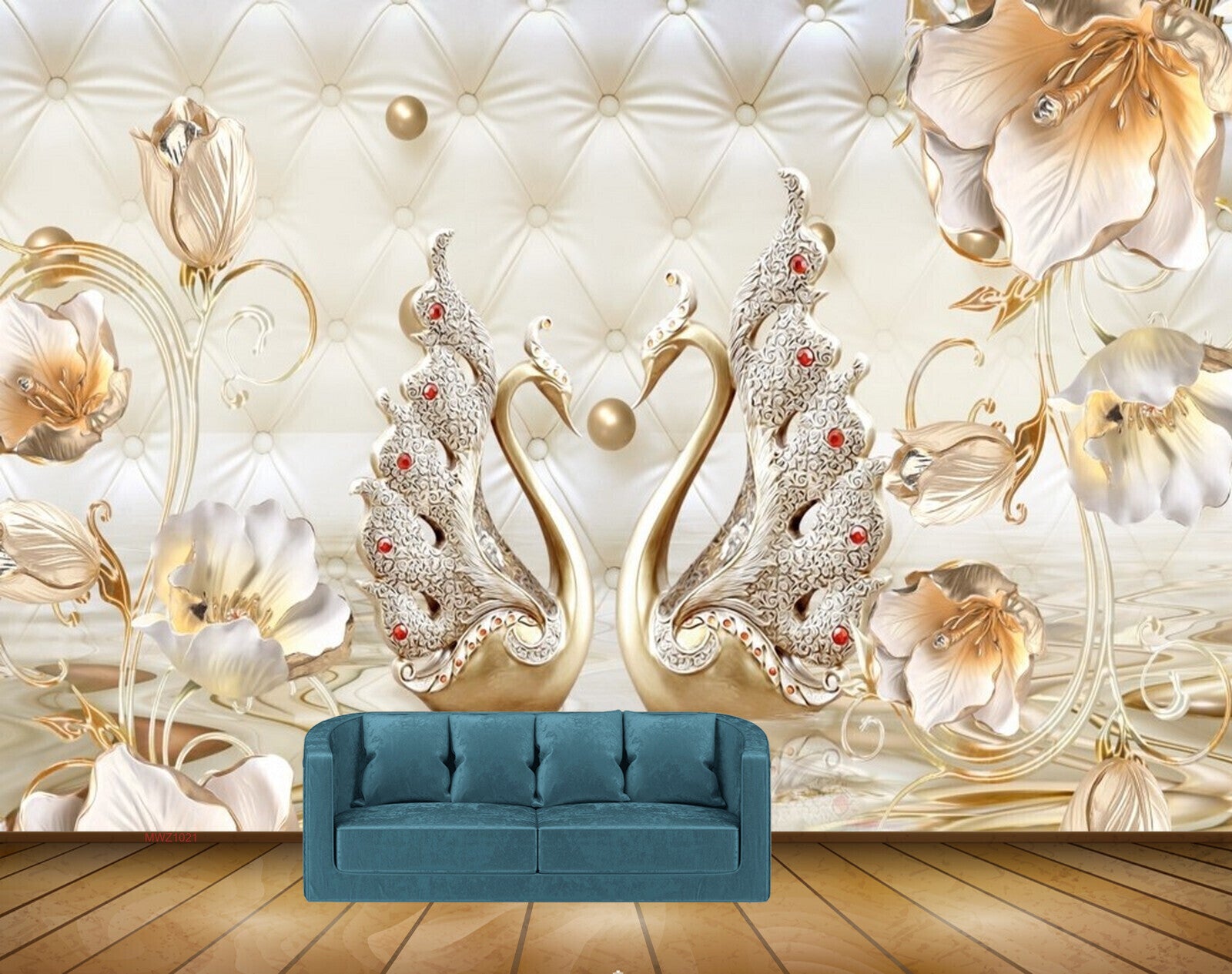 Avikalp MWZ1021 Golden Flowers Swans Pearls HD Wallpaper