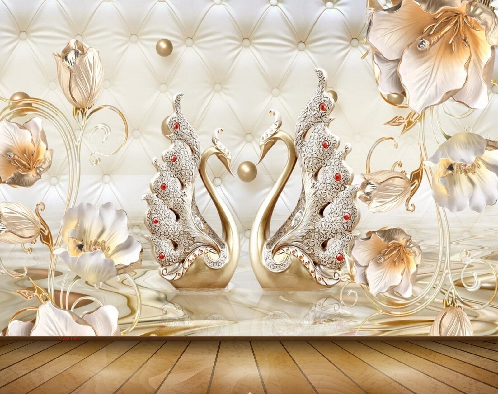 Avikalp MWZ1021 Golden Flowers Swans Pearls 3D HD Wallpaper
