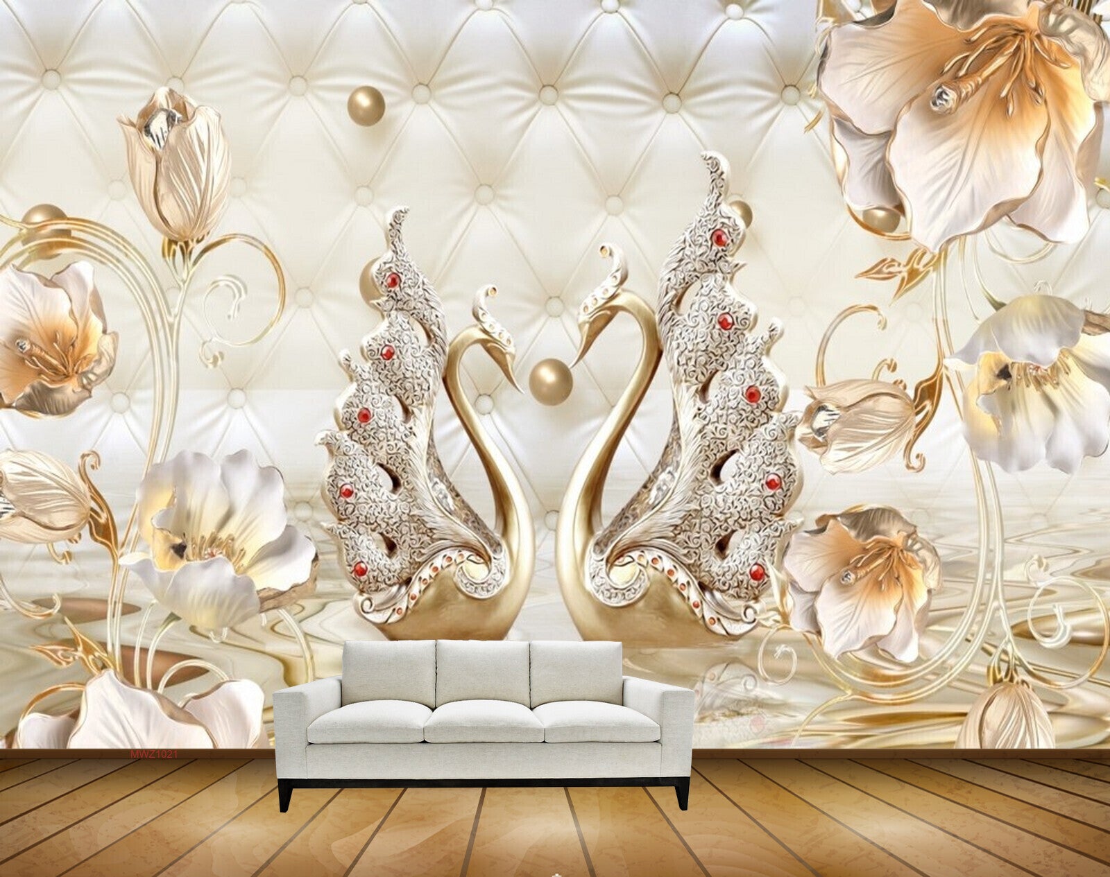 Avikalp MWZ1021 Golden Flowers Swans Pearls 3D HD Wallpaper