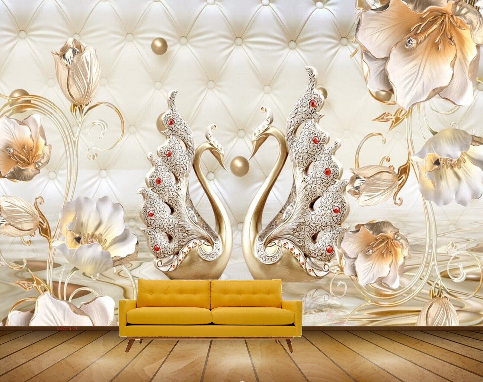 Avikalp MWZ1021 Golden Flowers Swans Pearls 3D HD Wallpaper