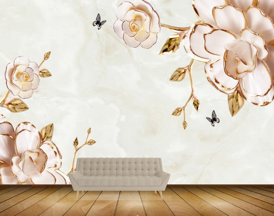 Avikalp MWZ1022 Pink Rose Leaves Butterflies HD Wallpaper