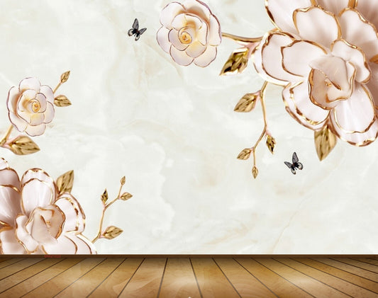 Avikalp MWZ1022 Pink Rose Leaves Butterflies 3D HD Wallpaper