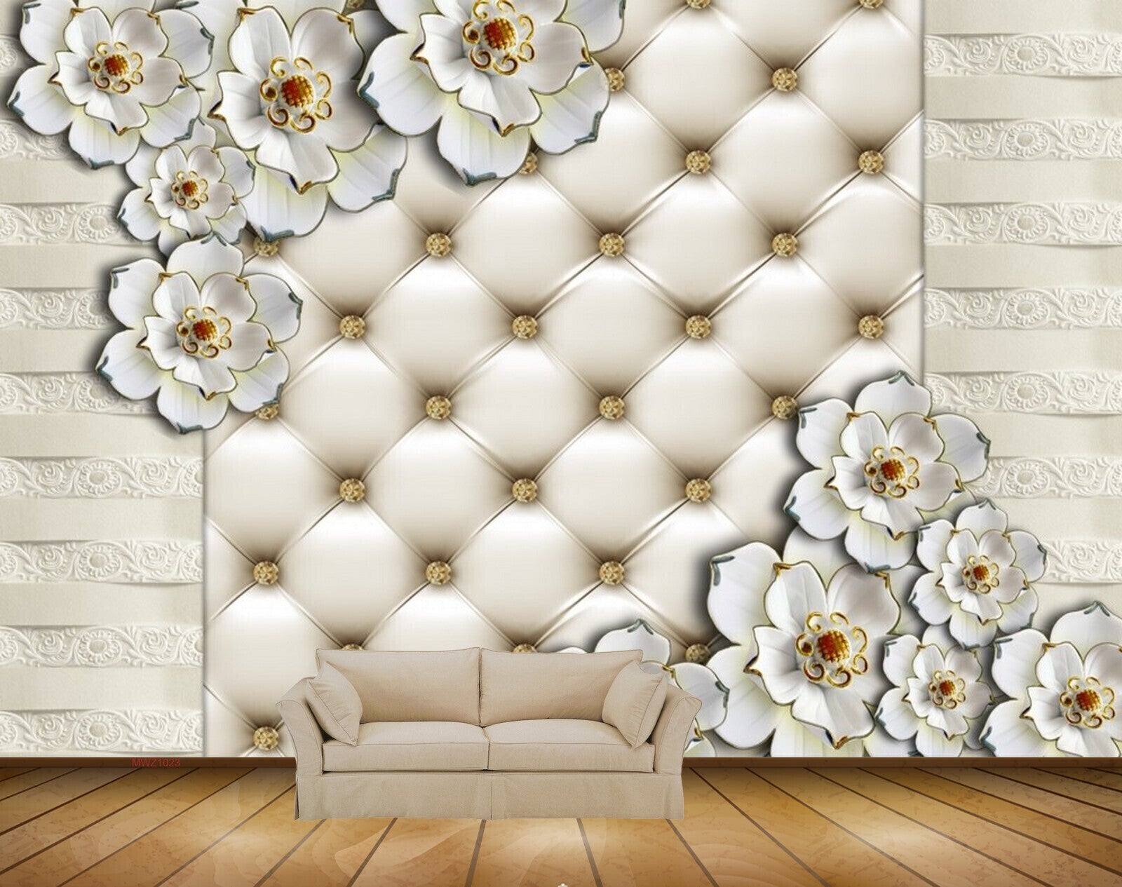 Avikalp MWZ1023 White Golden Flowers HD Wallpaper