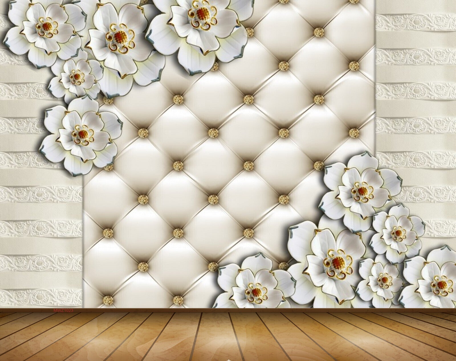 Avikalp MWZ1023 White Golden Flowers 3D HD Wallpaper