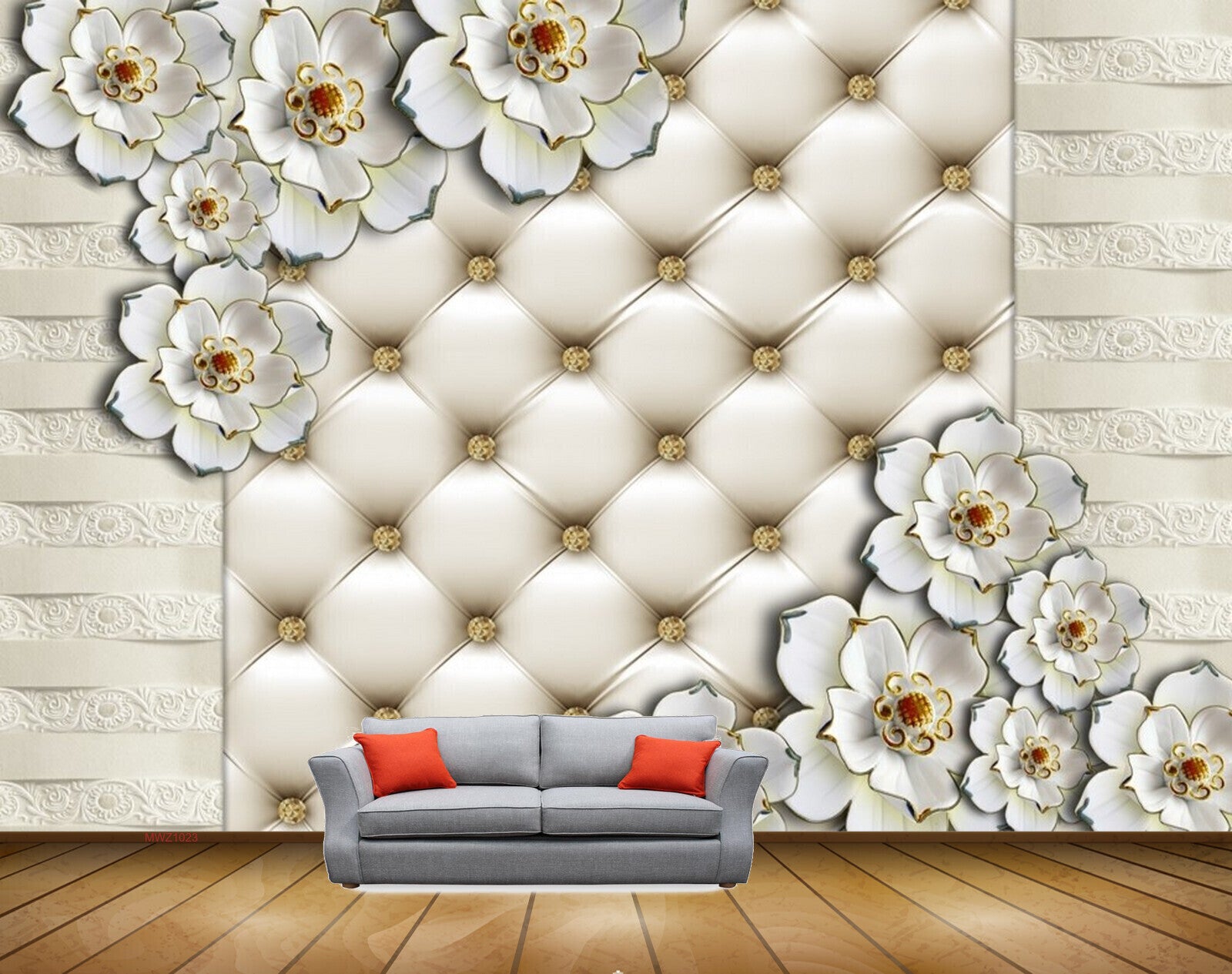 Avikalp MWZ1023 White Golden Flowers 3D HD Wallpaper