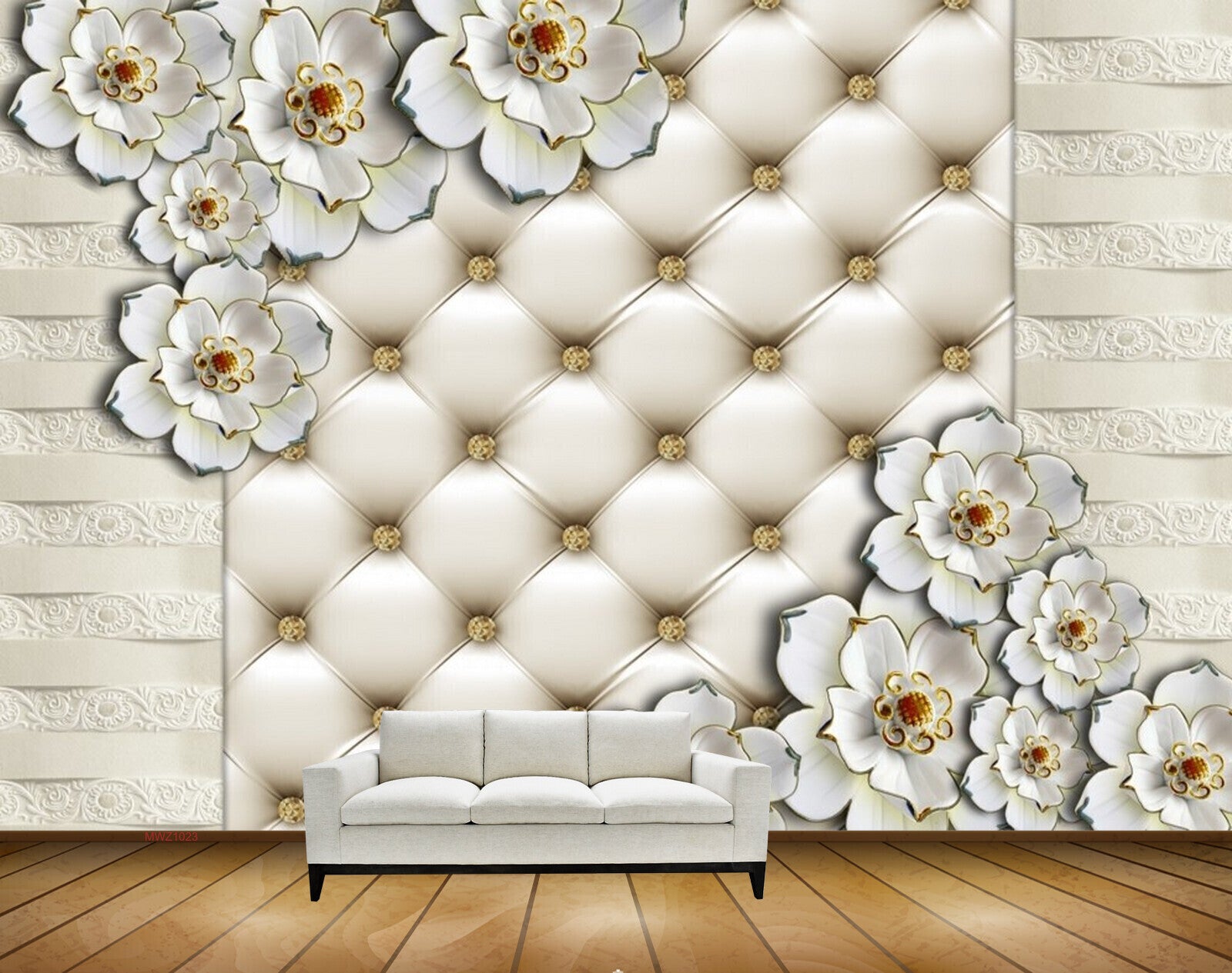 Avikalp MWZ1023 White Golden Flowers 3D HD Wallpaper