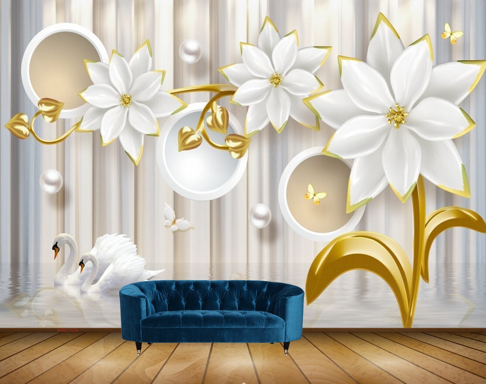Avikalp MWZ1024 White Flowers Leaves Pearls Butterflies Swans 3D HD Wallpaper