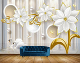 Avikalp MWZ1024 White Flowers Leaves Pearls Butterflies Swans 3D HD Wallpaper
