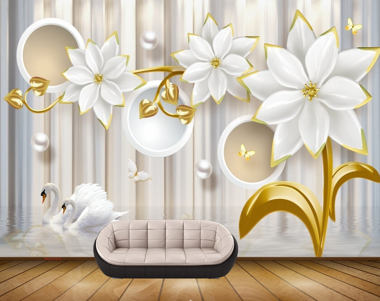 Avikalp MWZ1024 White Flowers Leaves Pearls Butterflies Swans 3D HD Wallpaper