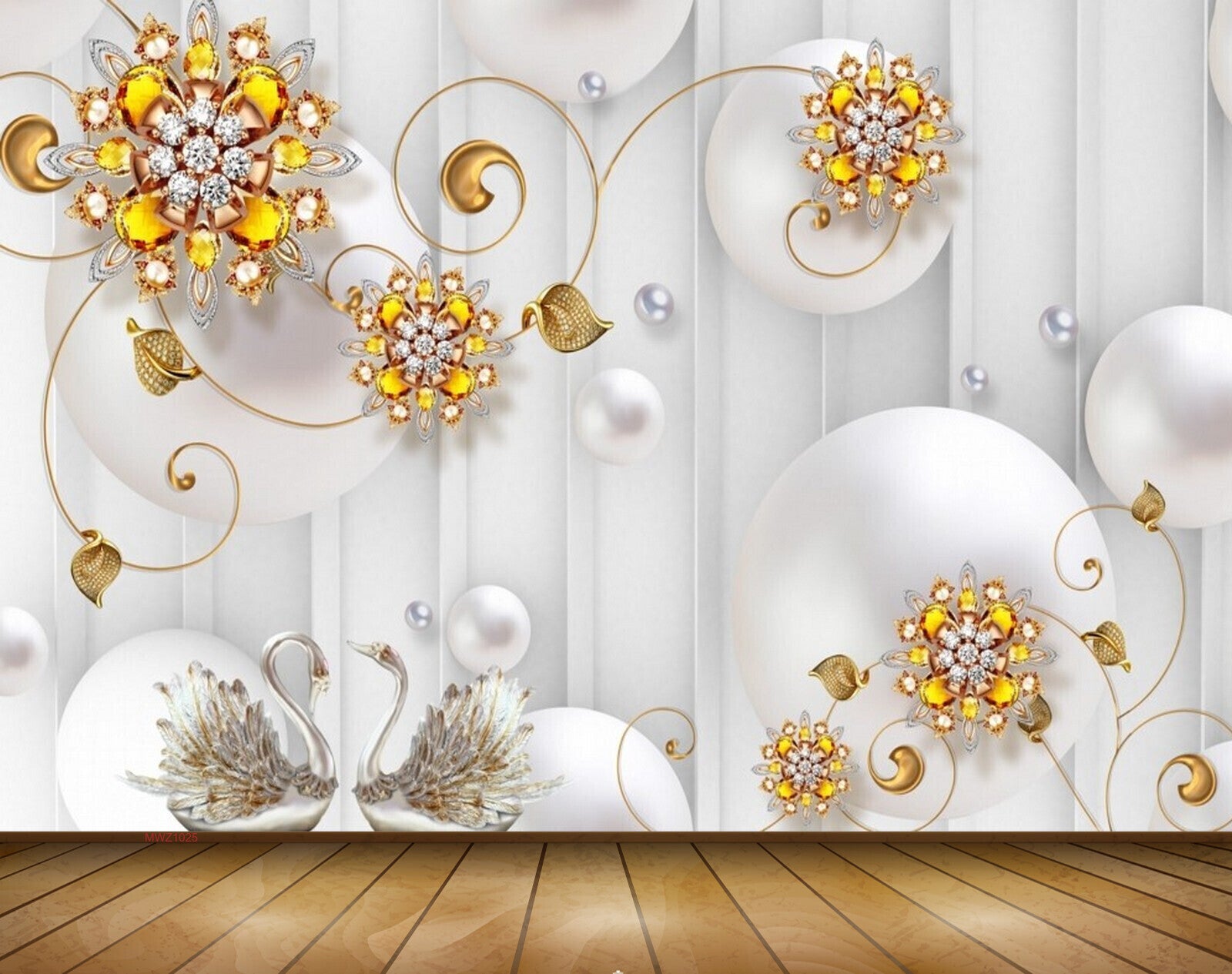 Avikalp MWZ1025 Golden Flowers Swans Pearls 3D HD Wallpaper