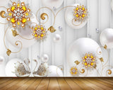 Avikalp MWZ1025 Golden Flowers Swans Pearls 3D HD Wallpaper