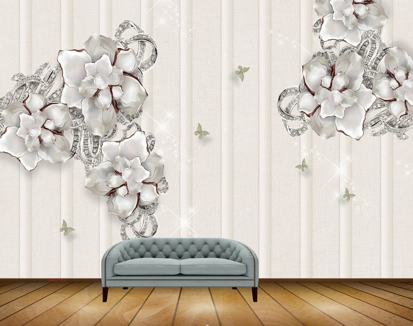 Avikalp MWZ1026 Silver Flowers Butterflies 3D HD Wallpaper
