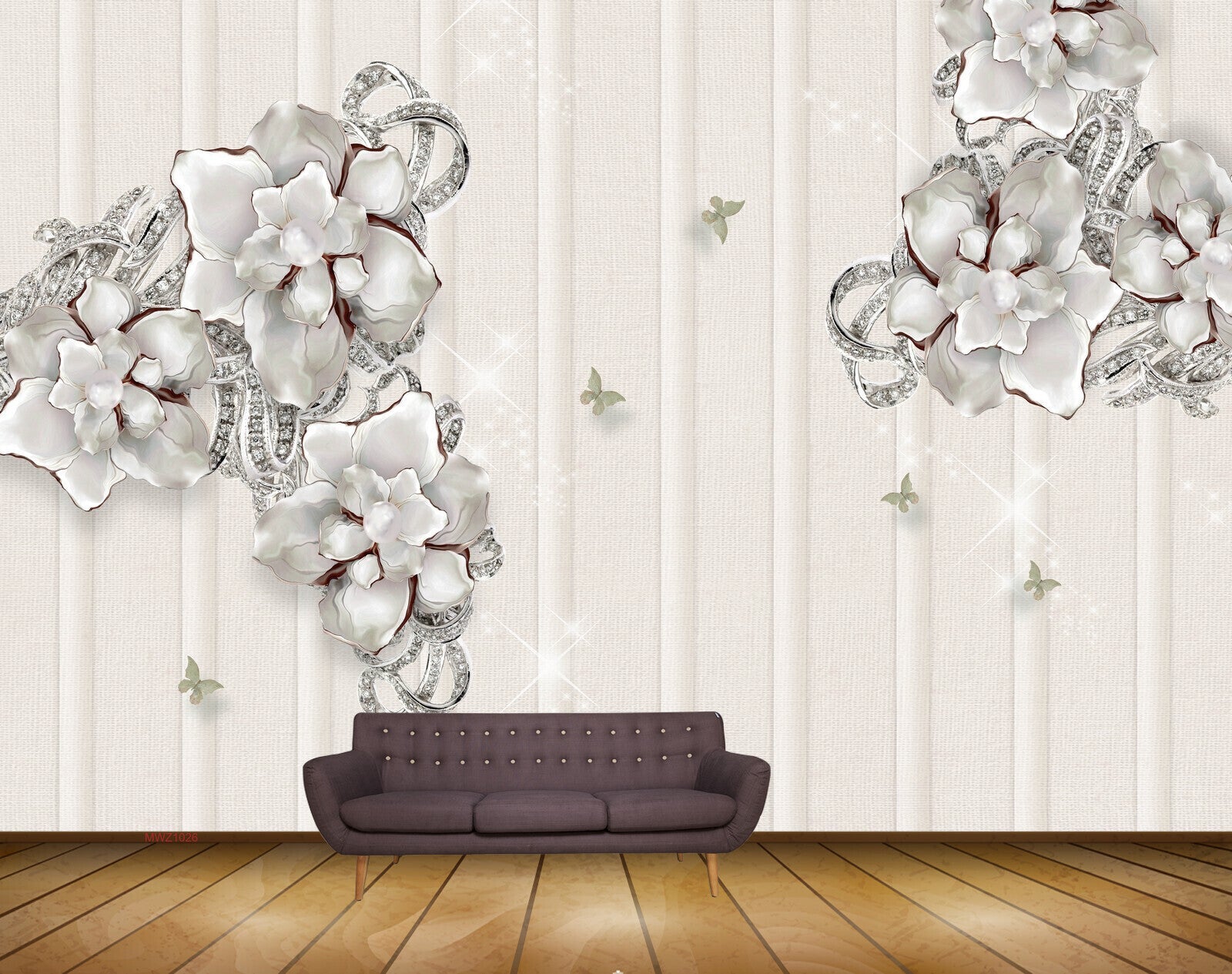 Avikalp MWZ1026 Silver Flowers Butterflies 3D HD Wallpaper