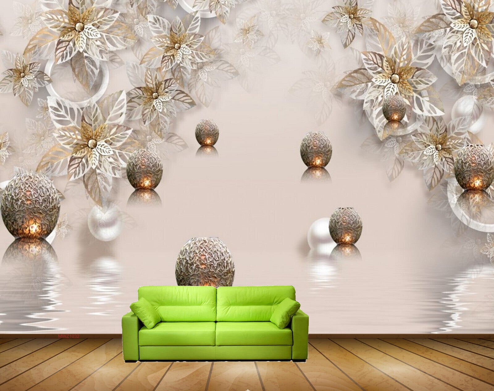 Avikalp MWZ1032 White Golden Flowers Leaves 3D HD Wallpaper