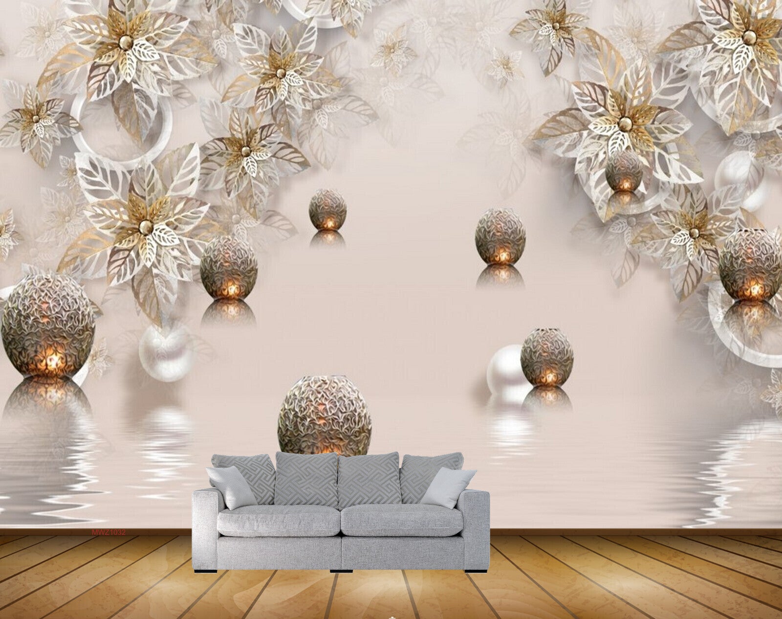 Avikalp MWZ1032 White Golden Flowers Leaves 3D HD Wallpaper