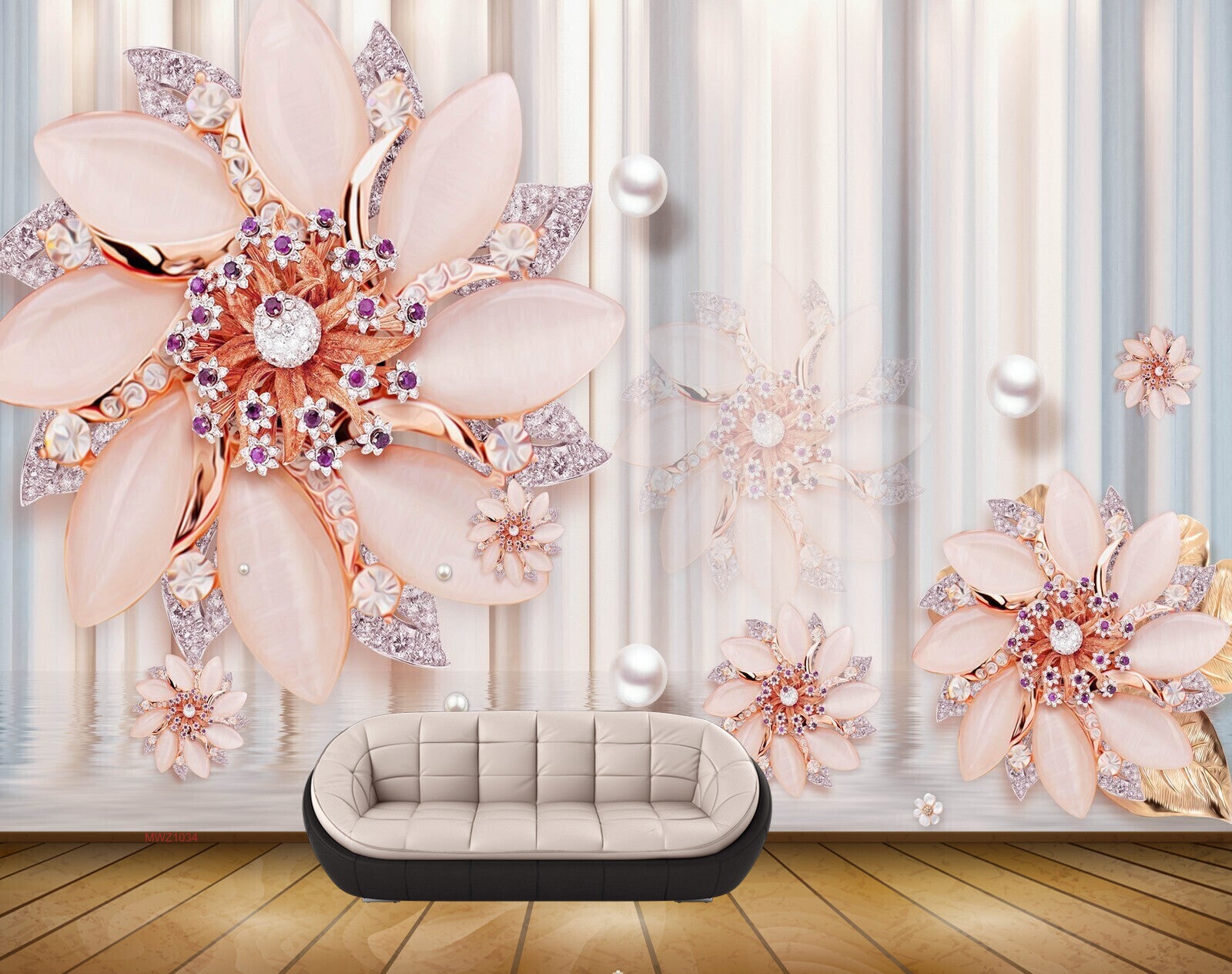 Avikalp MWZ1034 Pink White Flowers Pearls 3D HD Wallpaper