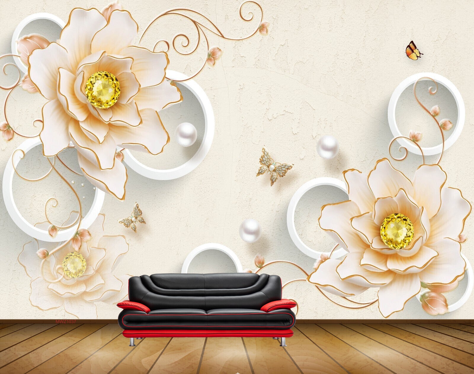 Avikalp MWZ1037 White Orange Flowers Butterflies Pearls 3D HD Wallpaper