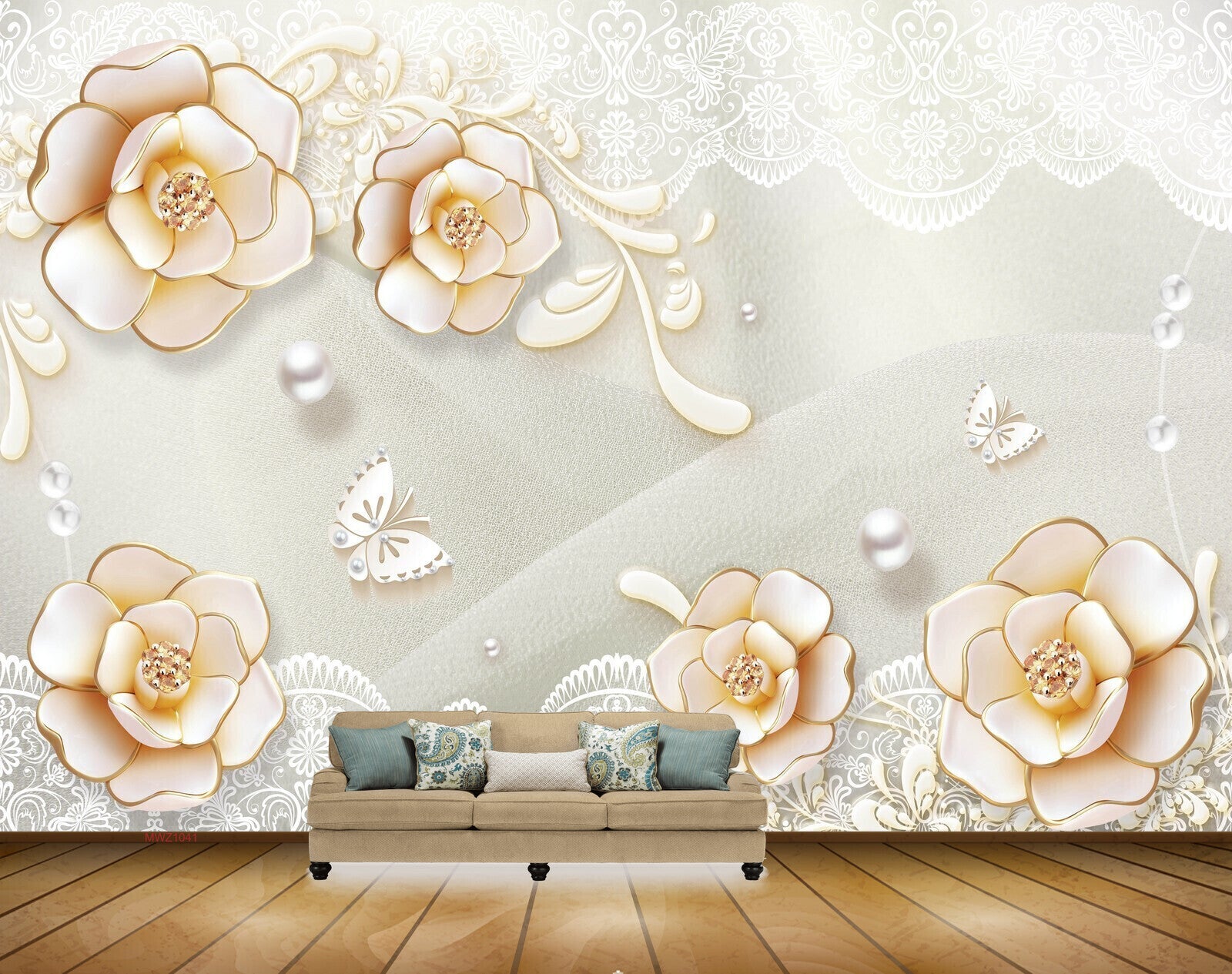 Avikalp MWZ1041 Orange white Flowers Butterflies Pearls 3D HD Wallpaper
