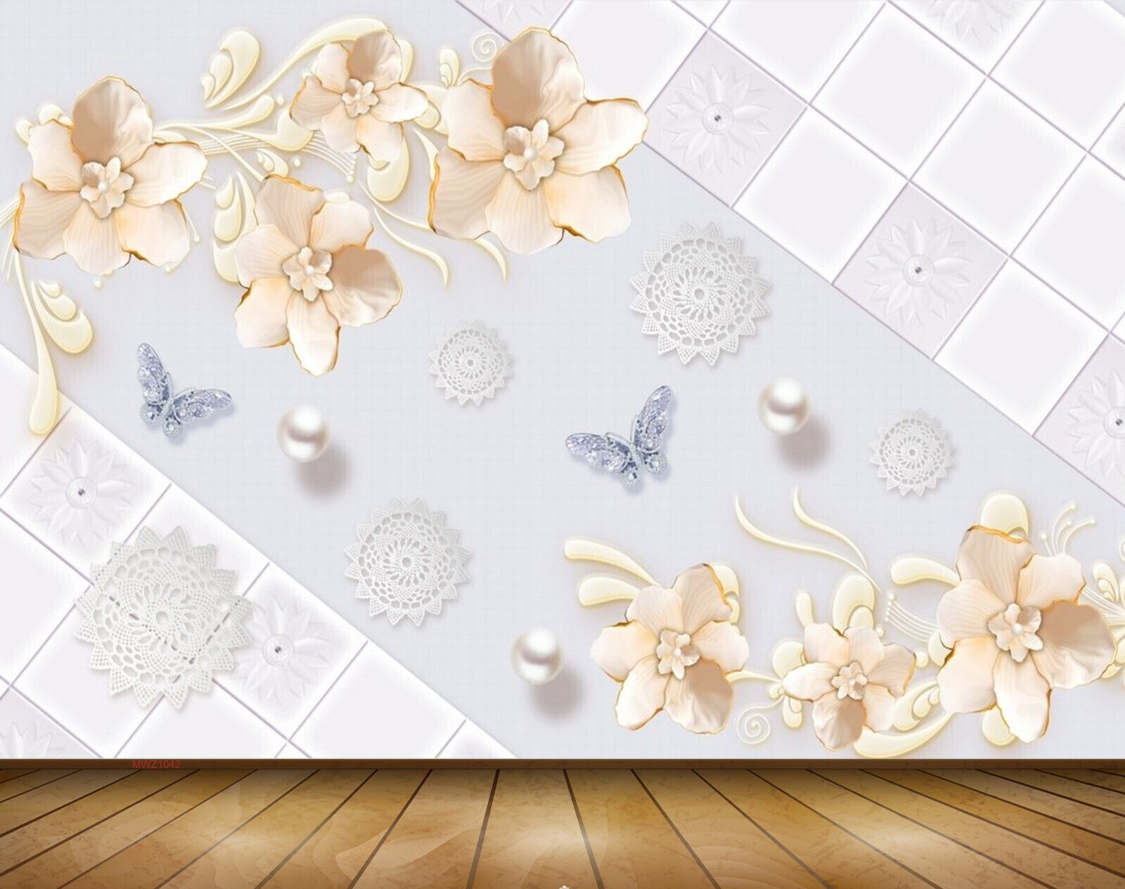 Avikalp MWZ1042 Orange White Flowers Butterflies 3D HD Wallpaper