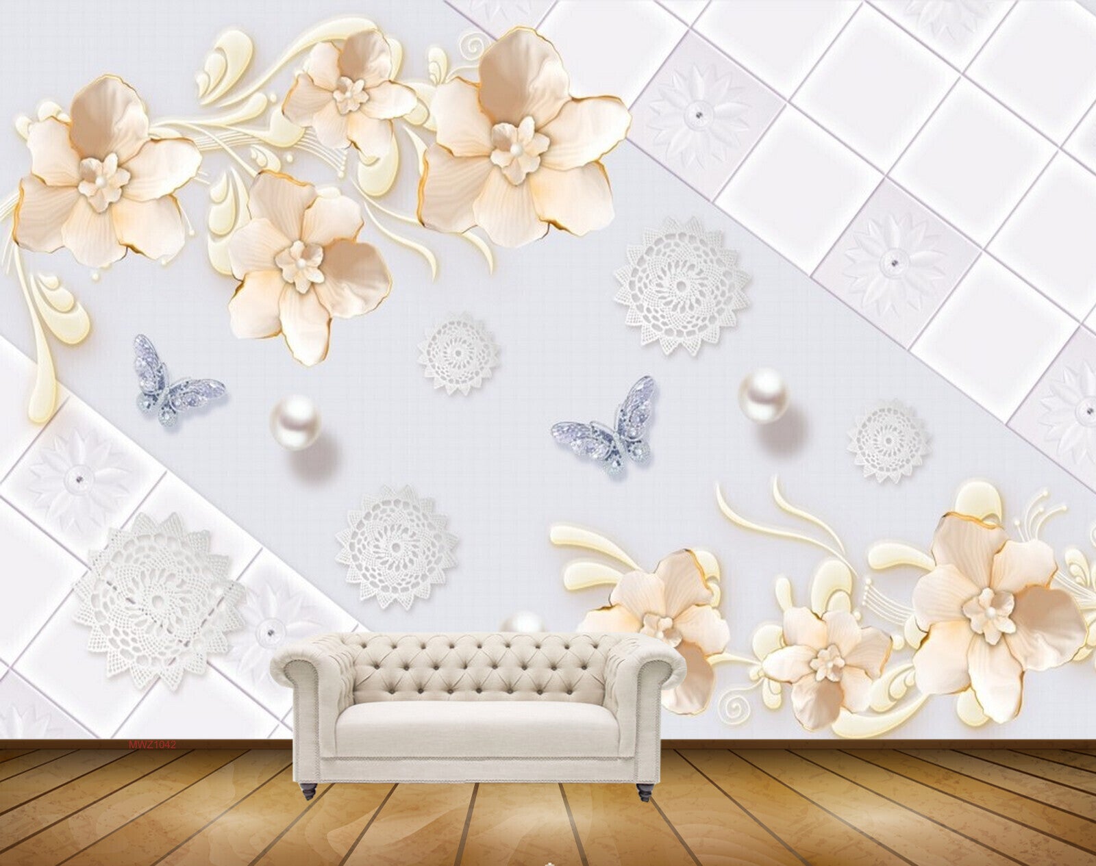 Avikalp MWZ1042 Orange White Flowers Butterflies 3D HD Wallpaper