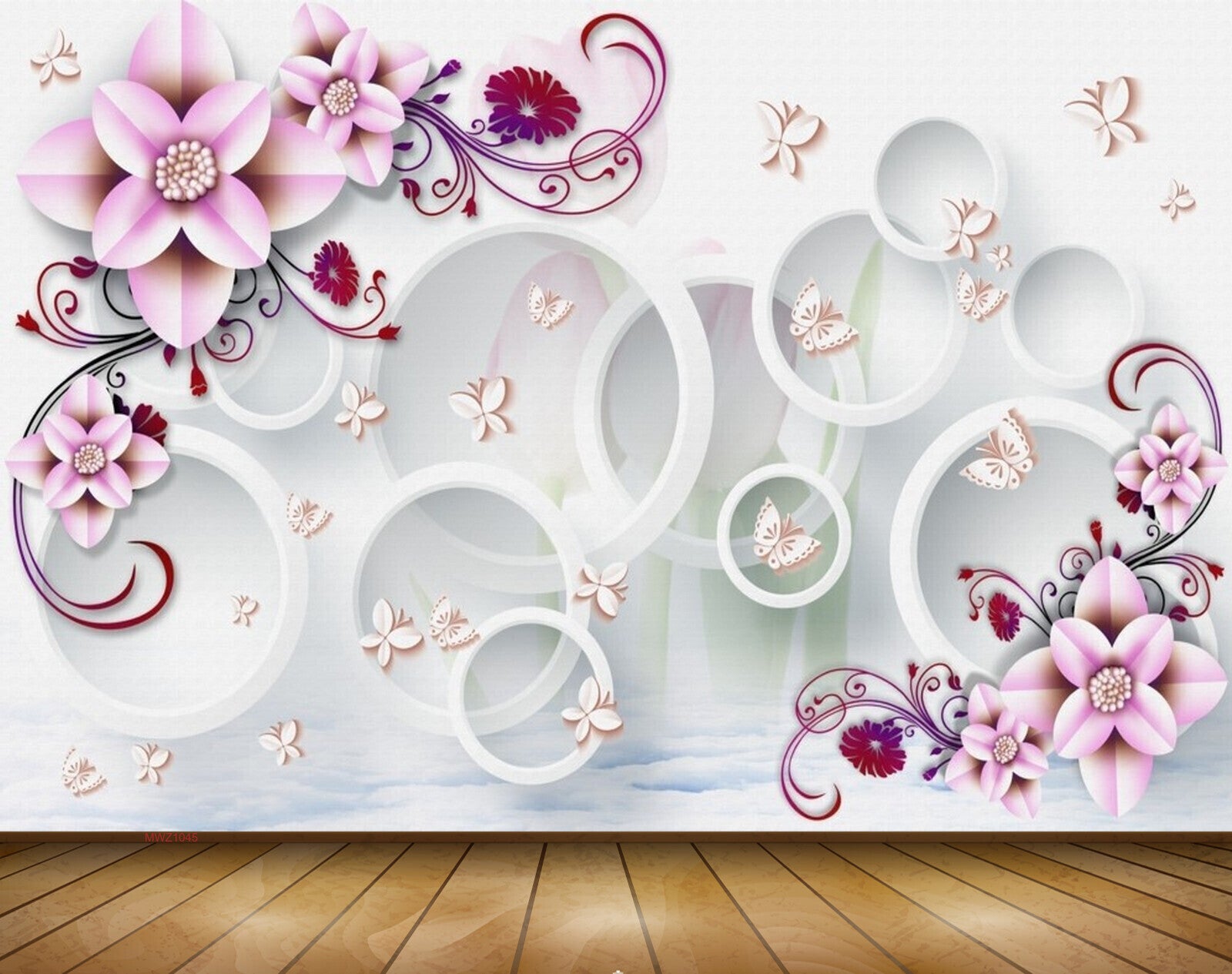 Avikalp MWZ1045 Pink Red Flowers Butterflies 3D HD Wallpaper