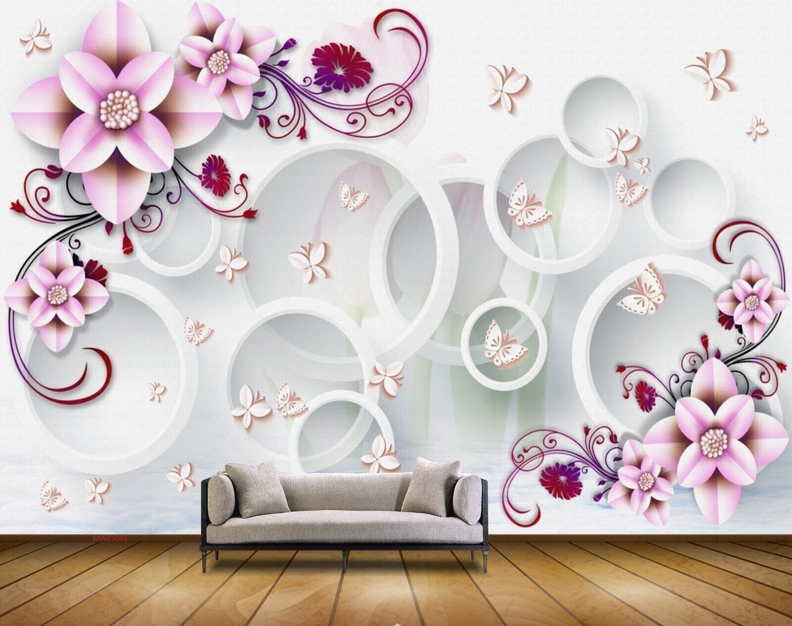 Avikalp MWZ1045 Pink Red Flowers Butterflies 3D HD Wallpaper