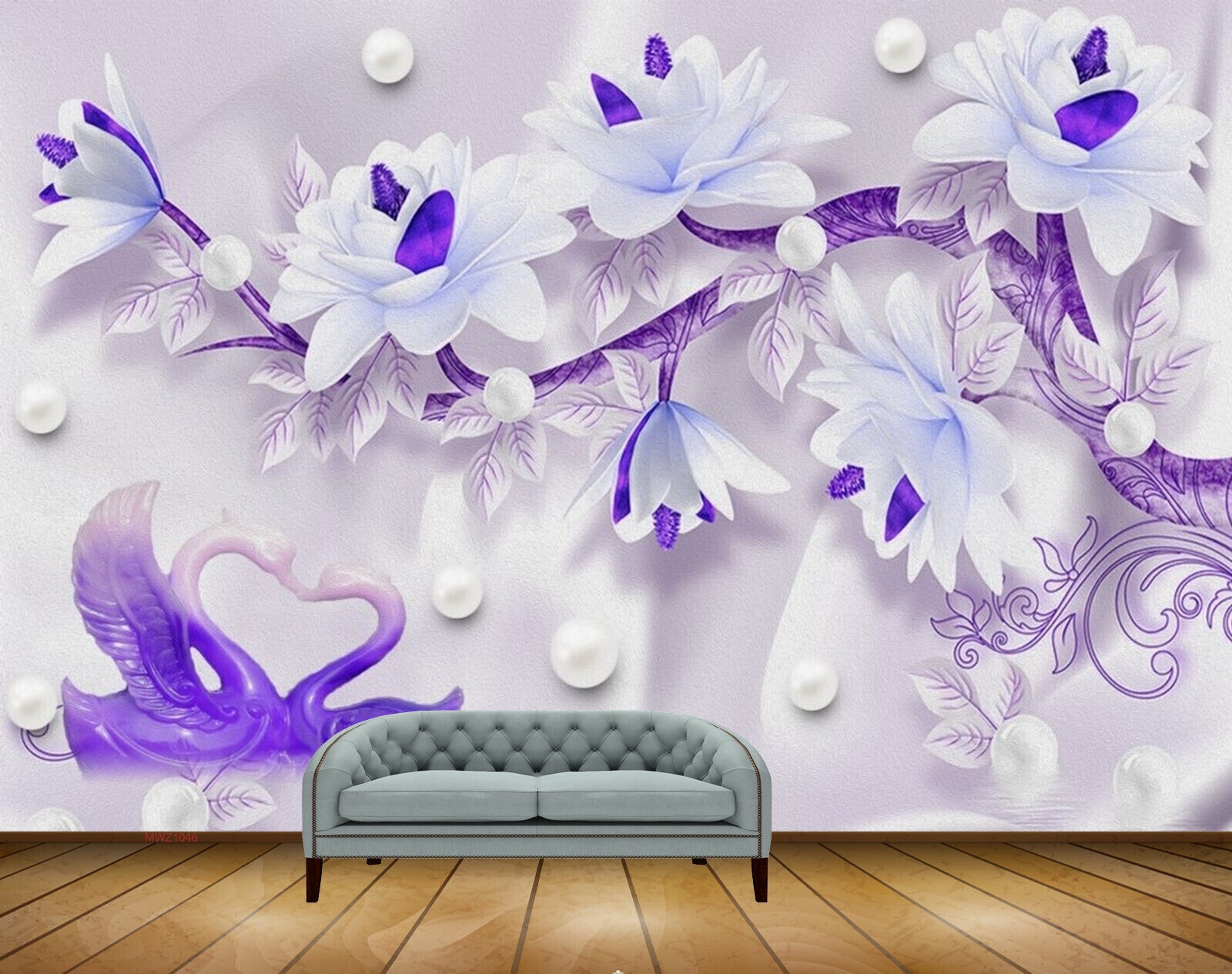 Avikalp MWZ1046 Blue White Flowers Swans Pearls HD Wallpaper