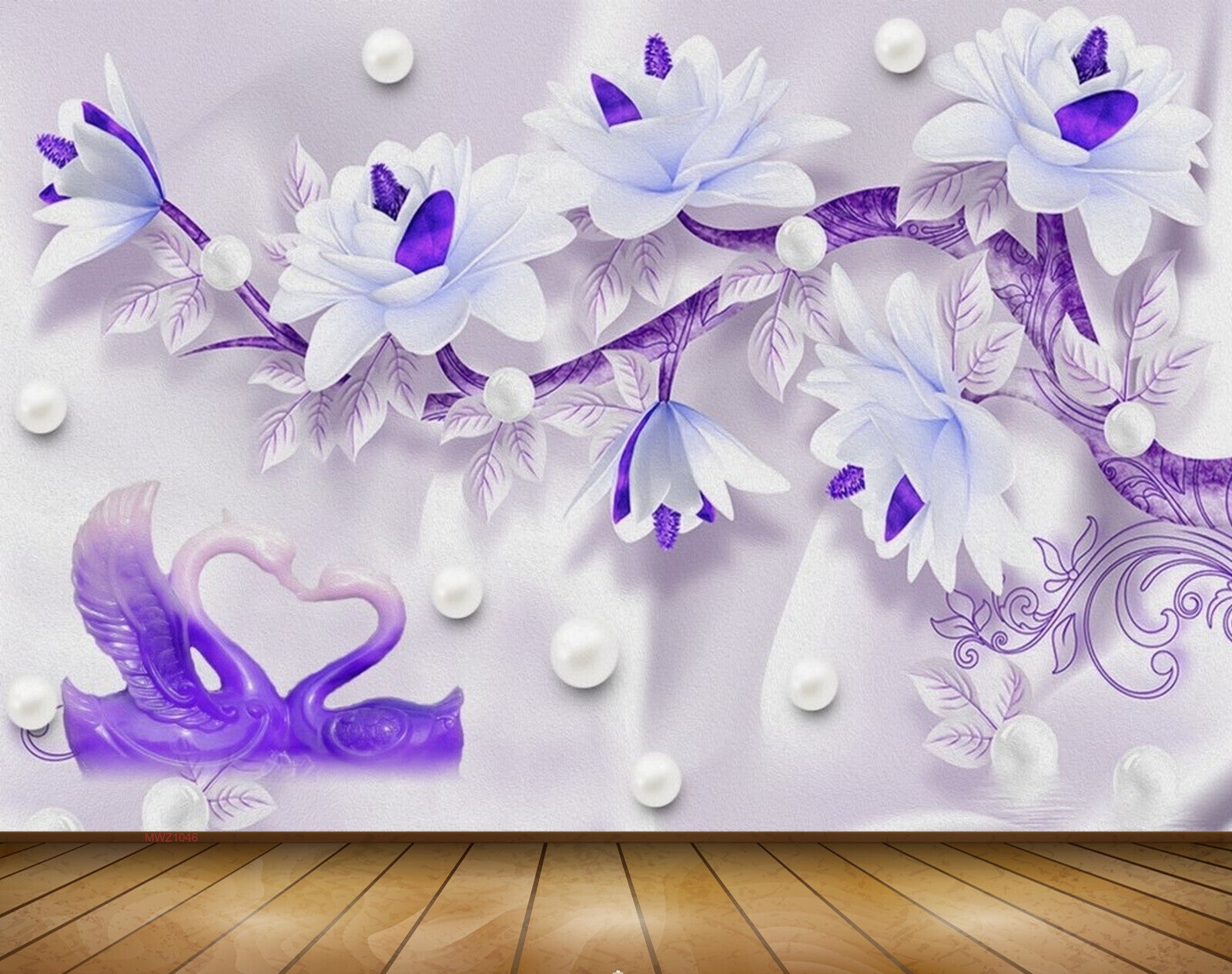 Avikalp MWZ1046 Blue White Flowers Swans Pearls 3D HD Wallpaper