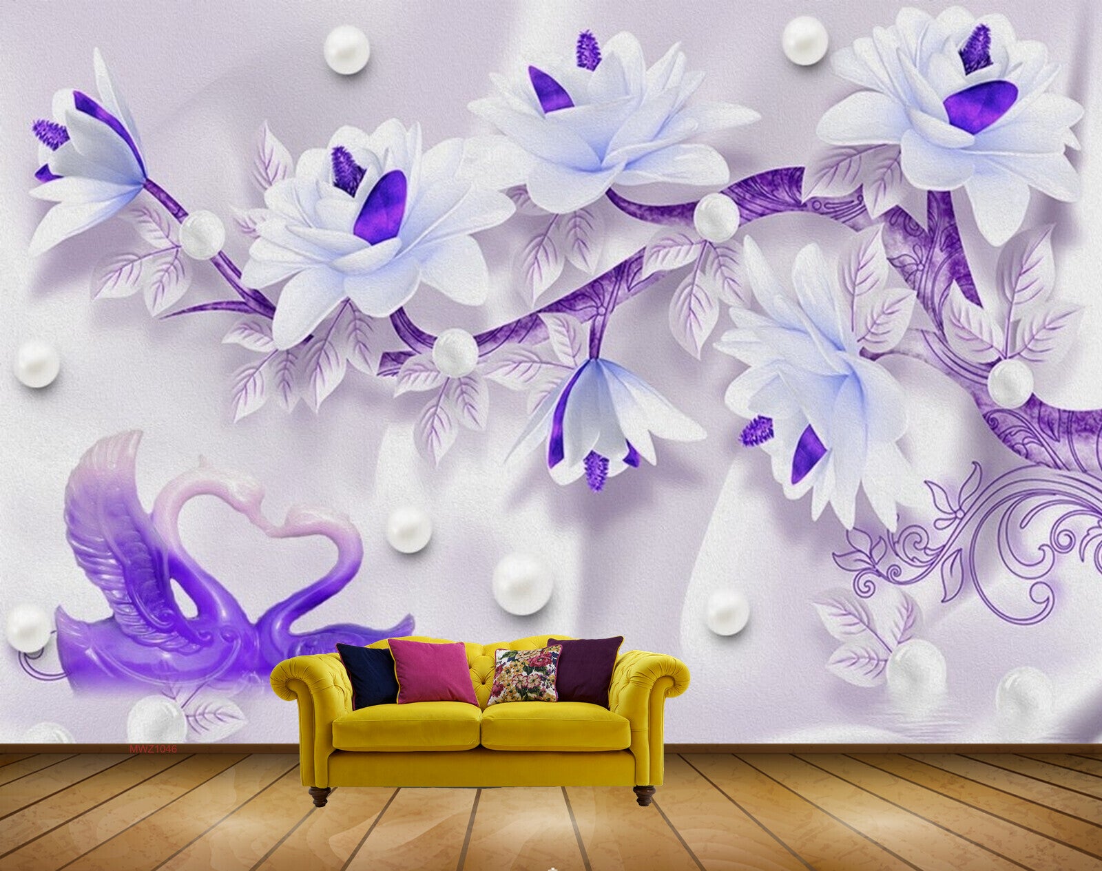 Avikalp MWZ1046 Blue White Flowers Swans Pearls 3D HD Wallpaper