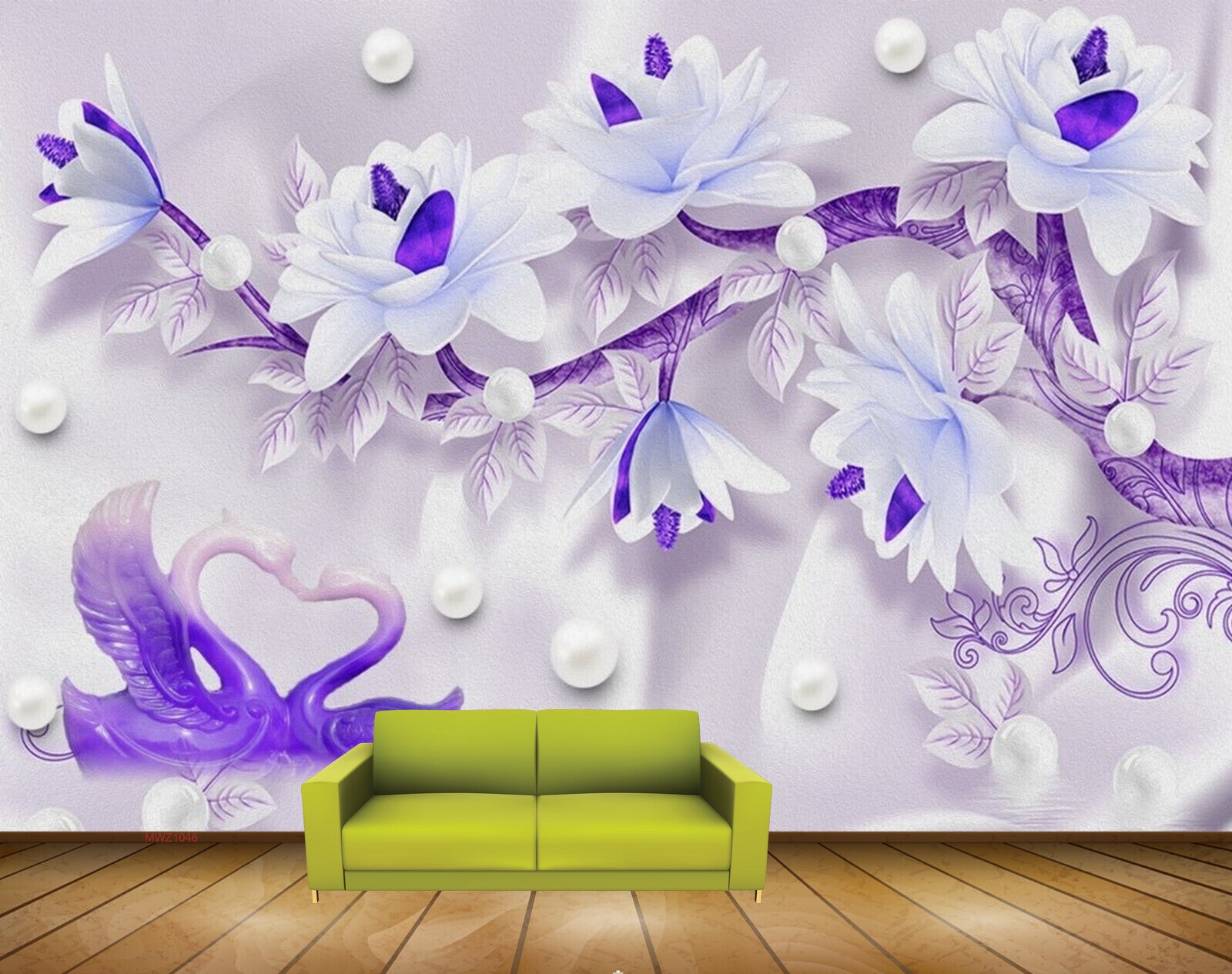 Avikalp MWZ1046 Blue White Flowers Swans Pearls 3D HD Wallpaper