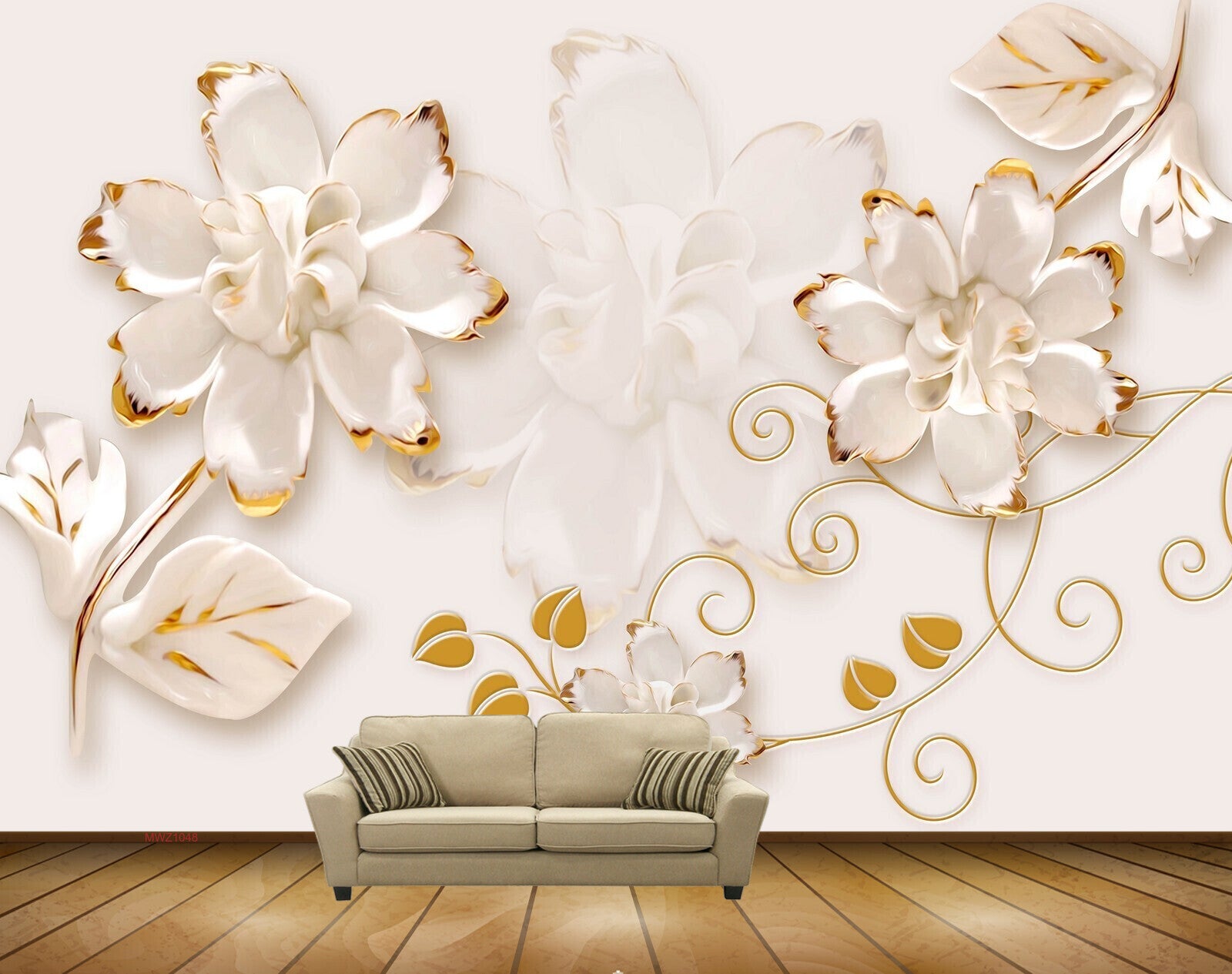 Avikalp MWZ1048 White Golden Flowers Leaves HD Wallpaper