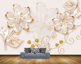 Avikalp MWZ1048 White Golden Flowers Leaves 3D HD Wallpaper