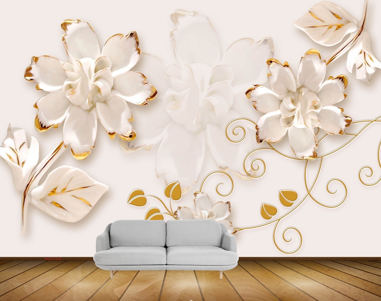 Avikalp MWZ1048 White Golden Flowers Leaves 3D HD Wallpaper