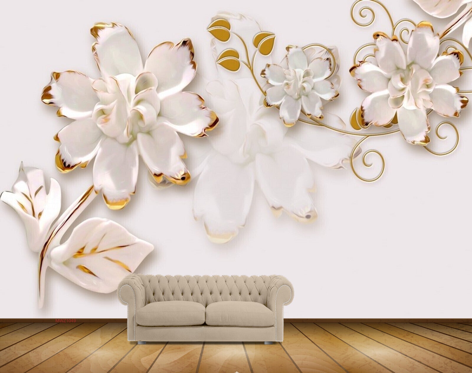Avikalp MWZ1049 White Golden Flowers Leaves HD Wallpaper