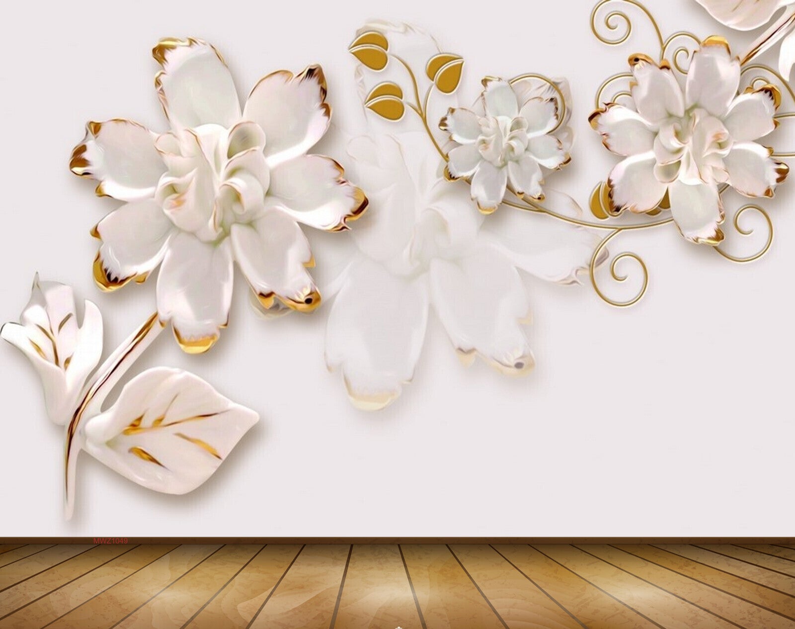 Avikalp MWZ1049 White Golden Flowers Leaves 3D HD Wallpaper