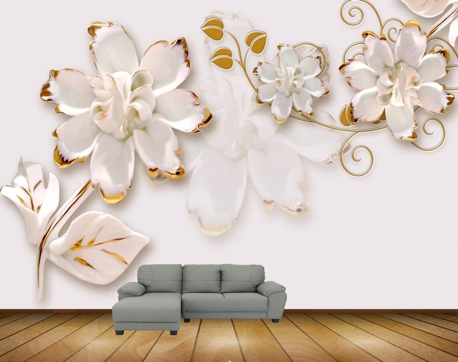 Avikalp MWZ1049 White Golden Flowers Leaves 3D HD Wallpaper